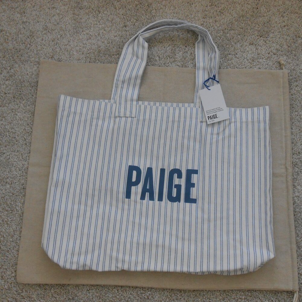 New PAIGE Large Canvas Stripe Tote Inside Zip Pocket Travel Beach Shop Bag